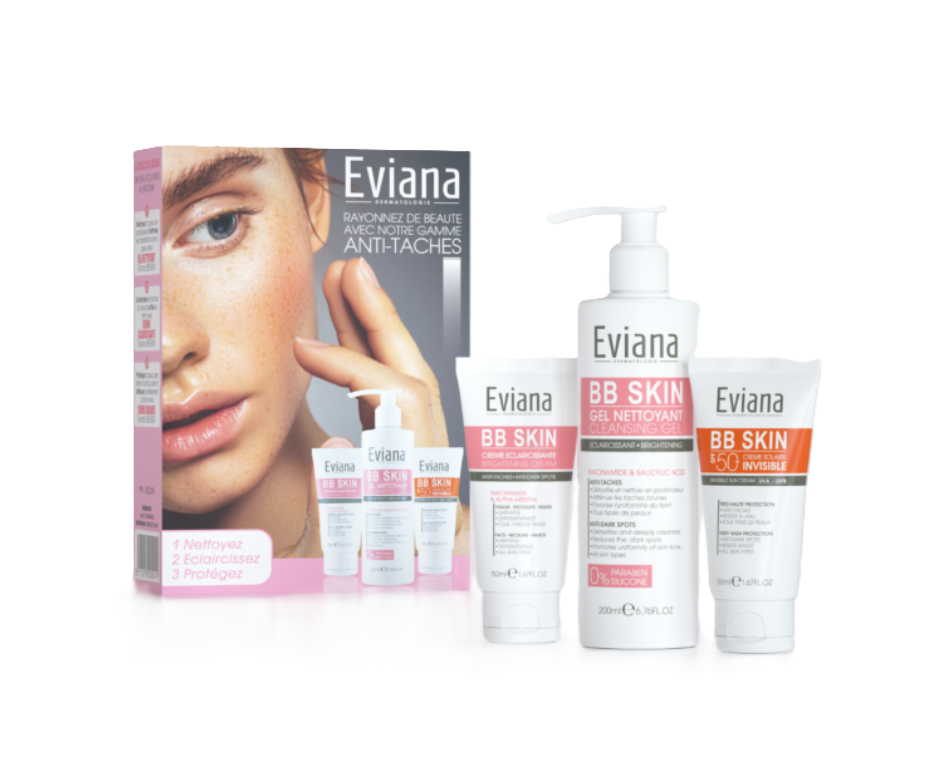 EVIANA PACK BB SKIN CREME ECLAIRCISSANTE 50ML + BB SKIN GEL NETTOYANT ECLAIRCISSANT 200ML + BB SKIN CREME SOLAIRE SPF50+ 50ML