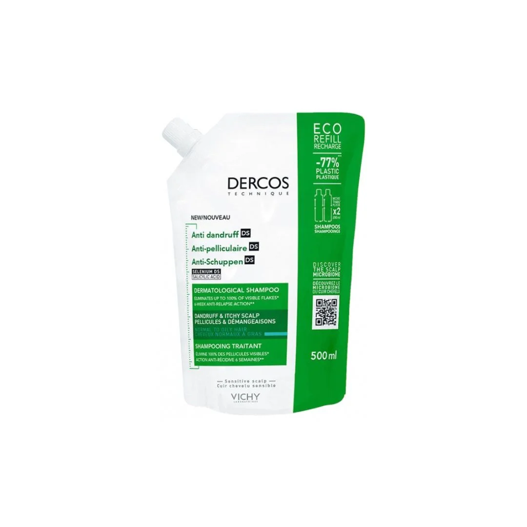 VICHY DERCOS ANTI-PELLICULAIRE SHAMPOOING TRAITANT CHEVEUX NORMAUX A GRAS ECO-RECHARGE 390ML