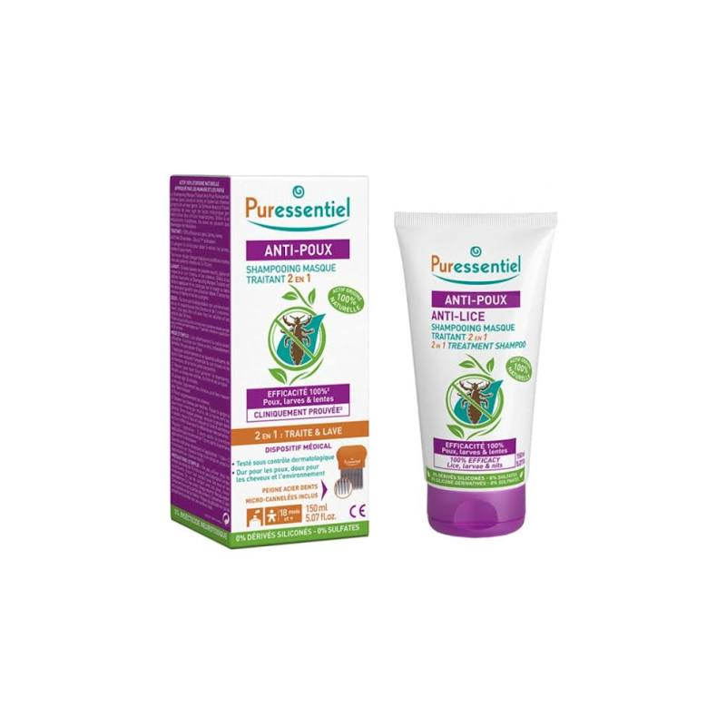 PURESSENTIEL ANTI-POUX SHAMPOOING MASQUE TRAITANT 2 EN 1 150ML+ PEIGNE REF 1043
